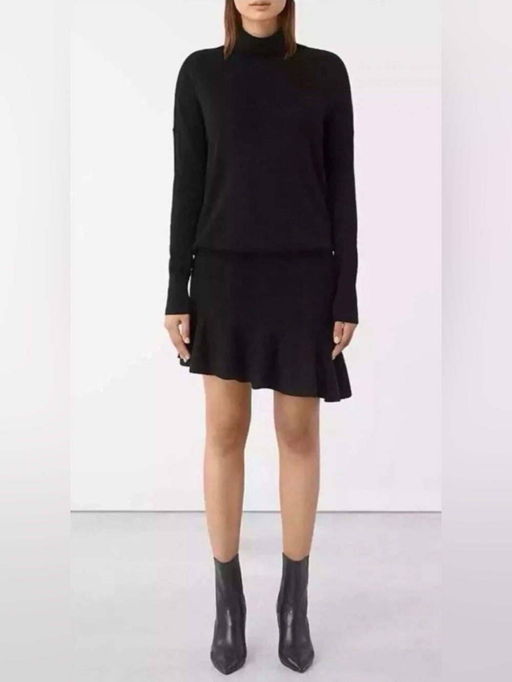 AllSaints Hava Black Wool Cashmere Turtleneck Sweater Dress L